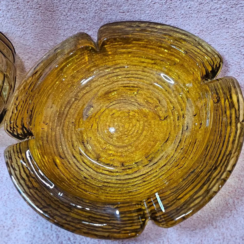 Vintage Empoli Italian Amber Glass Diamond Pattern Decanter & Ashtray Set